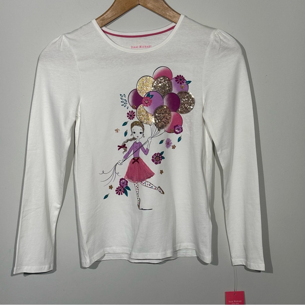 ISAAC MIZRAHI Girl With Ballons Blouse Sequin Sparkle Top Size L (10/12)